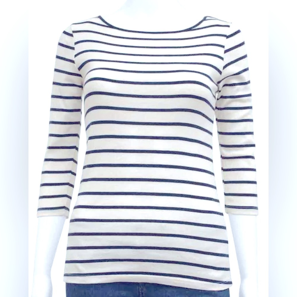 Zara 100% Organic Cotton Boat Neck Stripped Slim 3/4 Sleeve T-Shirt
